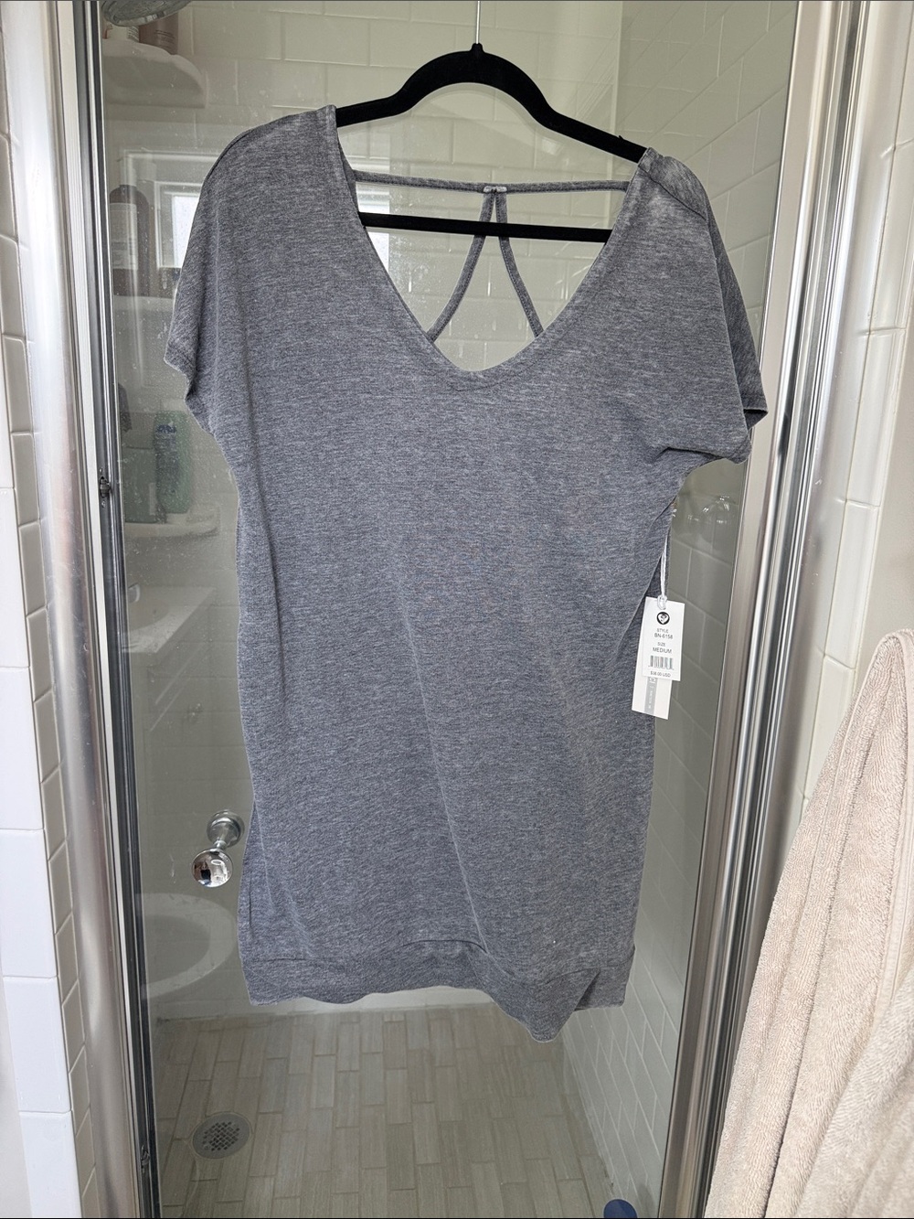 NWT Women’s Gray V-Neck Short Sleeve Tunic with Back Strap Detail
